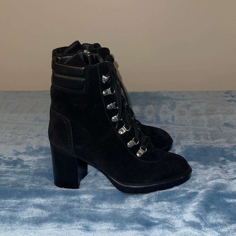 NEW Black Suede Aquatalia 6.5 Block Heel Combat Boots